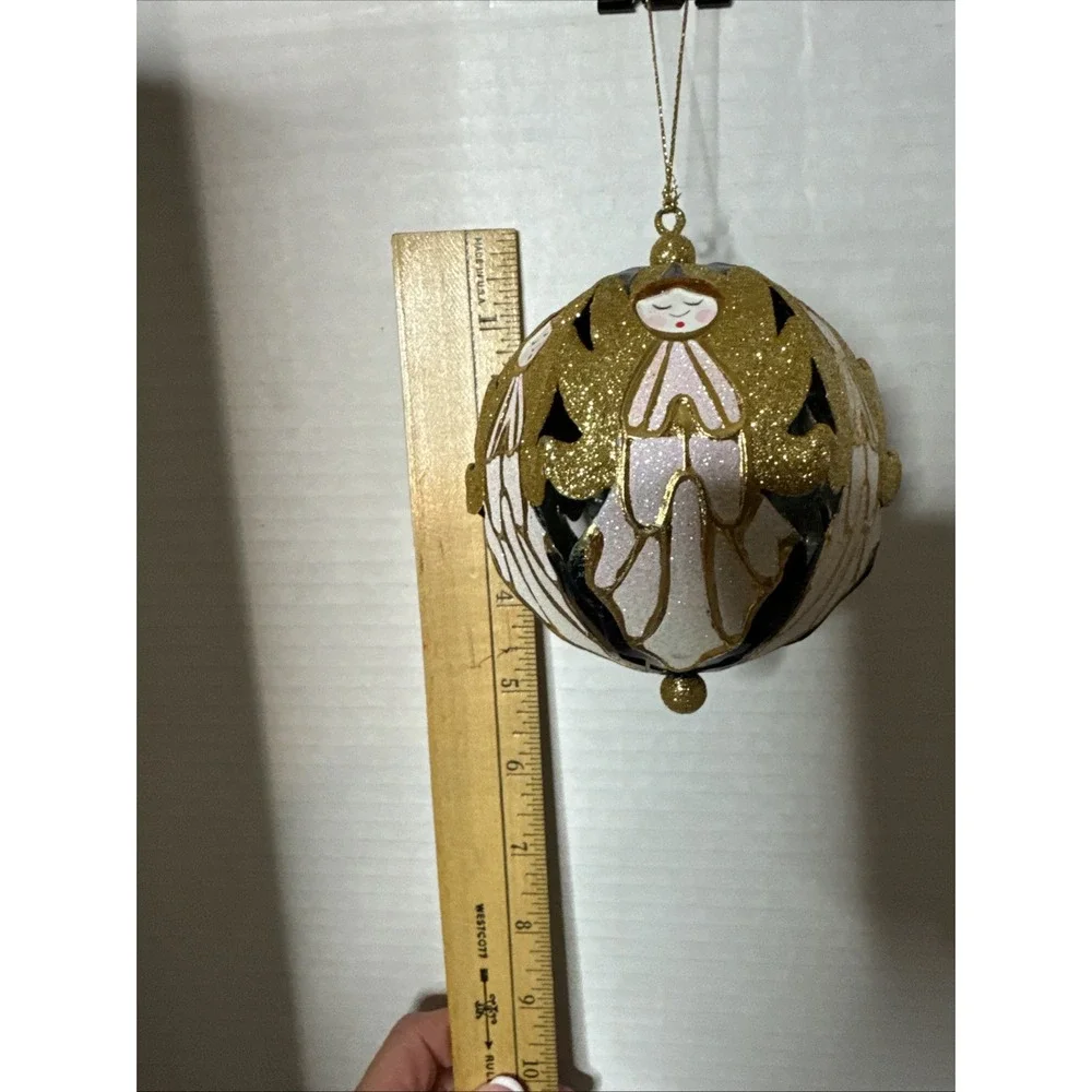 Pier 1 Imports Christmas Ornament Holiday Glittery Gold Navy Angels Metal Ball